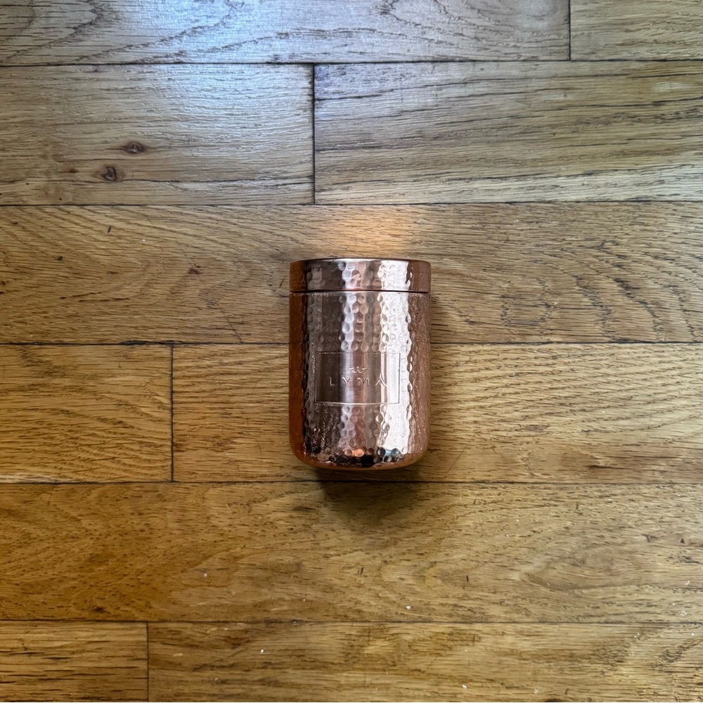LYMA Beauty hammered copper empty supplements container w/ lid
